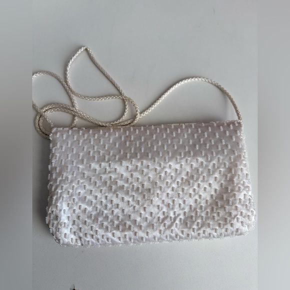 Vintage White Beaded Satin Clutch Purse | Pearl Evening Bag Bridal Prom 90s Y2K - Picture 3 of 9